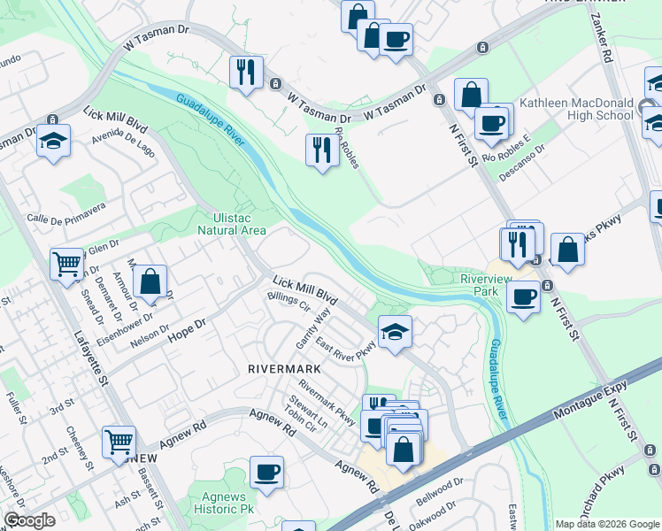 map of restaurants, bars, coffee shops, grocery stores, and more near 4509 Laird Circle in Santa Clara