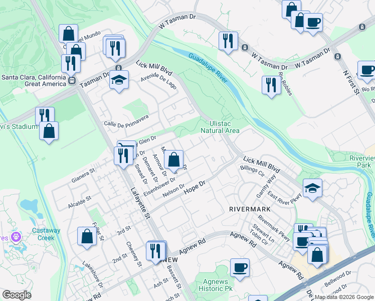 map of restaurants, bars, coffee shops, grocery stores, and more near 1535 Vista Club Circle in Santa Clara