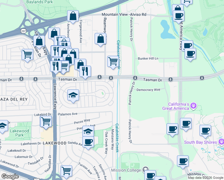 map of restaurants, bars, coffee shops, grocery stores, and more near Calabazas Creek Trail in Santa Clara