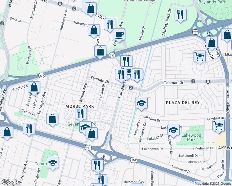 map of restaurants, bars, coffee shops, grocery stores, and more near 1126 Le Mans Terrace in Sunnyvale