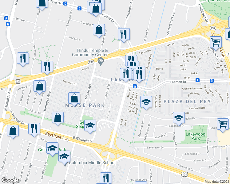 map of restaurants, bars, coffee shops, grocery stores, and more near 1126 Le Mans Terrace in Sunnyvale