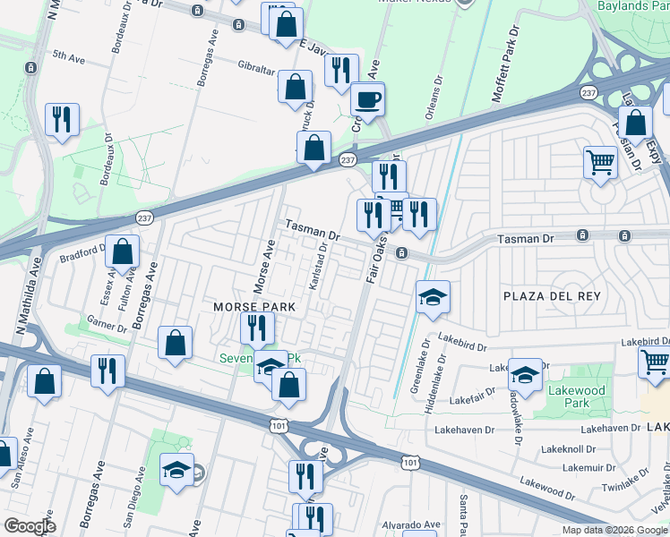 map of restaurants, bars, coffee shops, grocery stores, and more near 1131 Munich Terrace in Sunnyvale
