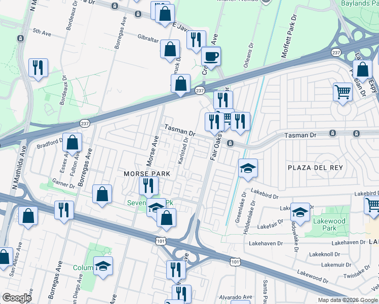 map of restaurants, bars, coffee shops, grocery stores, and more near 1131 Munich Terrace in Sunnyvale