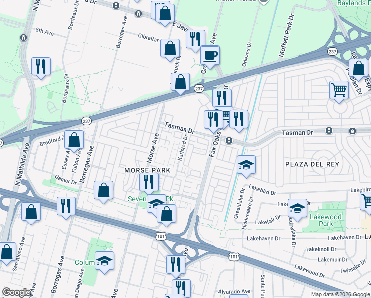 map of restaurants, bars, coffee shops, grocery stores, and more near 1131 Munich Terrace in Sunnyvale