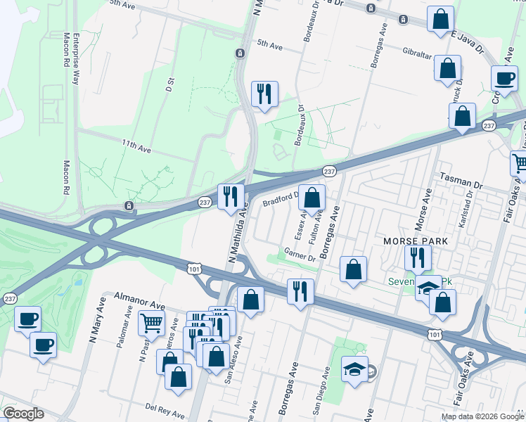 map of restaurants, bars, coffee shops, grocery stores, and more near 1098 Colton Avenue in Sunnyvale