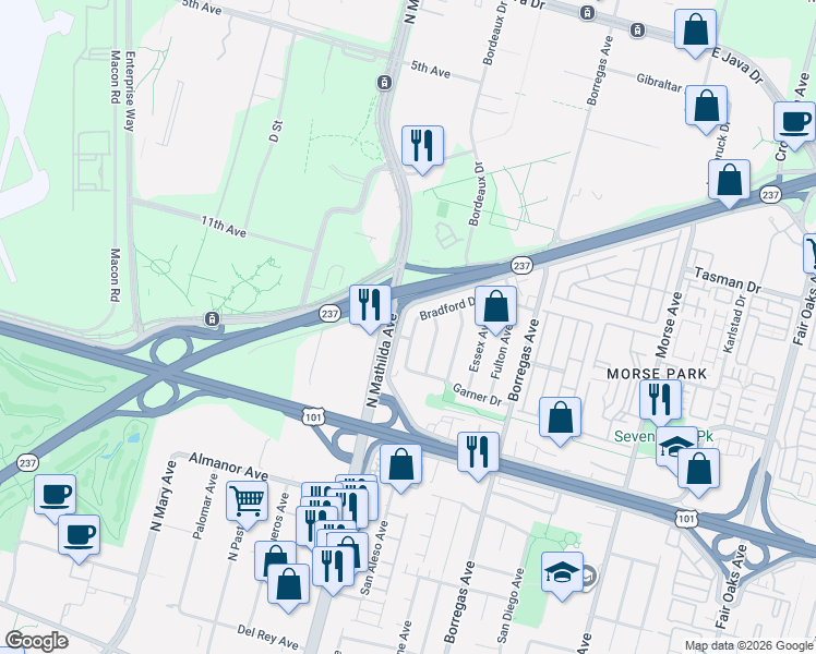 map of restaurants, bars, coffee shops, grocery stores, and more near 1083 Bradford Drive in Sunnyvale