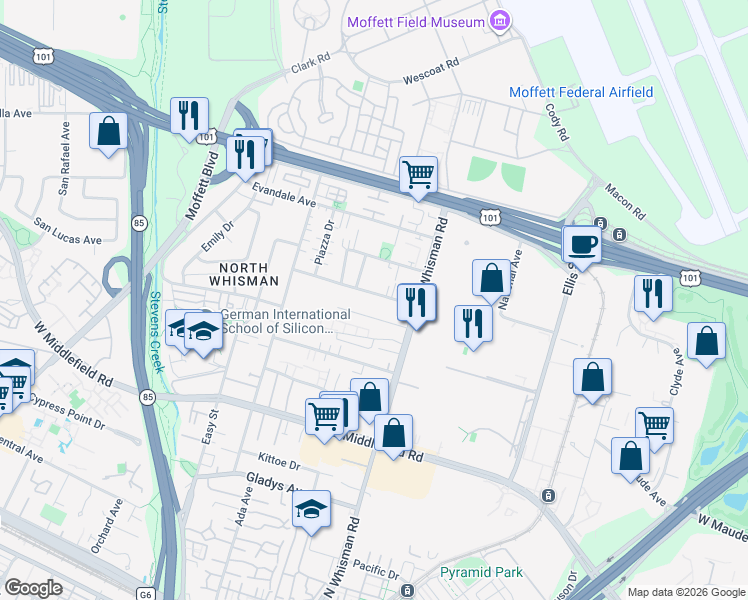 map of restaurants, bars, coffee shops, grocery stores, and more near 226 Murlagan Avenue in Mountain View
