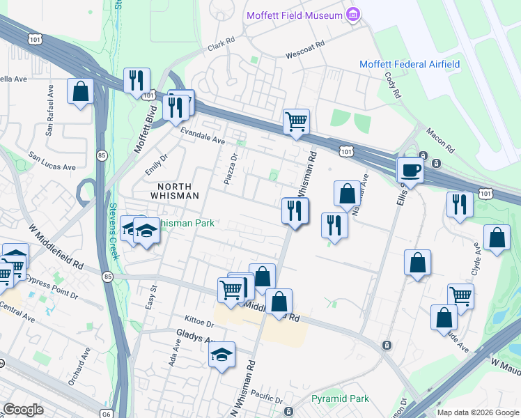 map of restaurants, bars, coffee shops, grocery stores, and more near 226 Murlagan Avenue in Mountain View