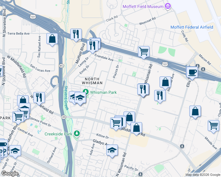 map of restaurants, bars, coffee shops, grocery stores, and more near 449 Tyrella Avenue in Mountain View