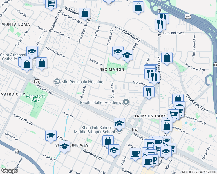 map of restaurants, bars, coffee shops, grocery stores, and more near 1503 Lilac Lane in Mountain View