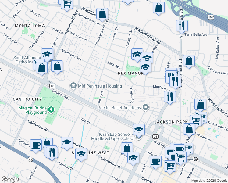 map of restaurants, bars, coffee shops, grocery stores, and more near 1793 Vassar Avenue in Mountain View