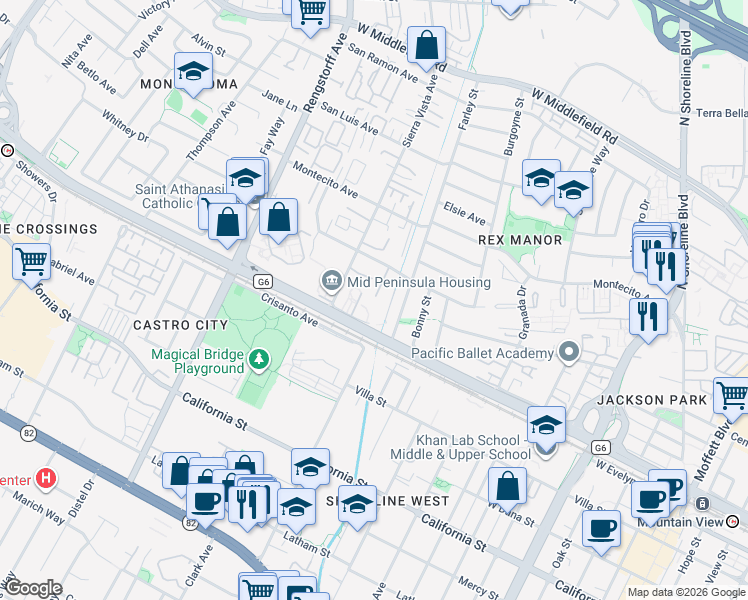map of restaurants, bars, coffee shops, grocery stores, and more near 1909 Hackett Avenue in Mountain View