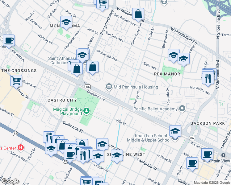map of restaurants, bars, coffee shops, grocery stores, and more near 1972 Silverwood Avenue in Mountain View