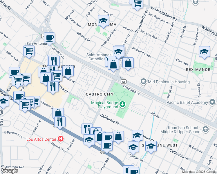map of restaurants, bars, coffee shops, grocery stores, and more near 119 Fair Oaks Street in Mountain View