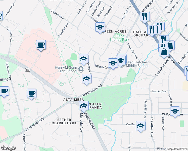 map of restaurants, bars, coffee shops, grocery stores, and more near 4142 Hubbartt Drive in Palo Alto