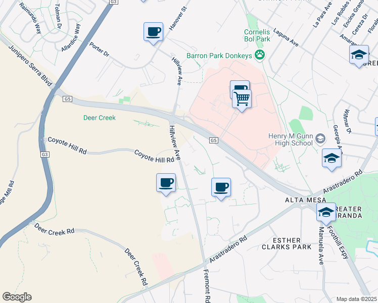 map of restaurants, bars, coffee shops, grocery stores, and more near 3407 Hillview Avenue in Palo Alto