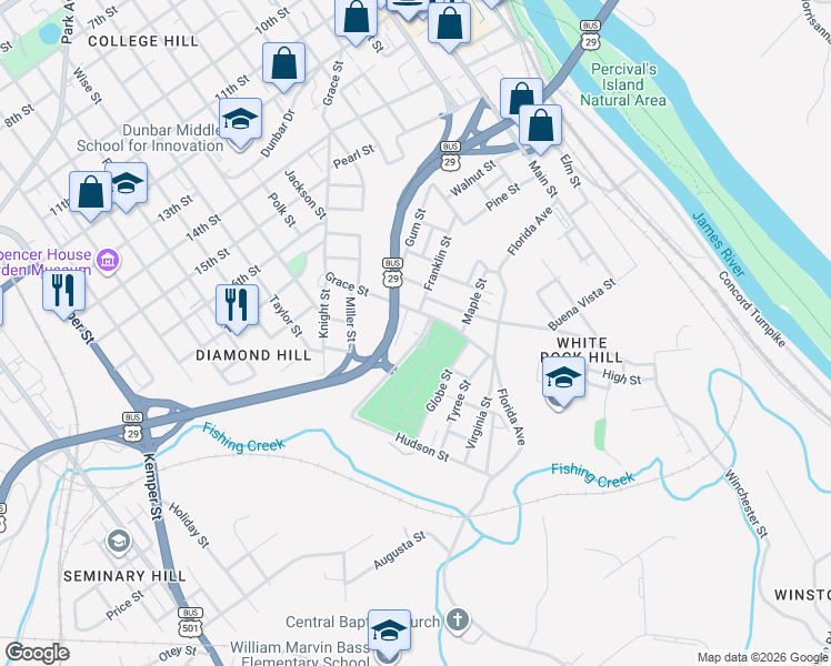 map of restaurants, bars, coffee shops, grocery stores, and more near 2006 Grace Street in Lynchburg