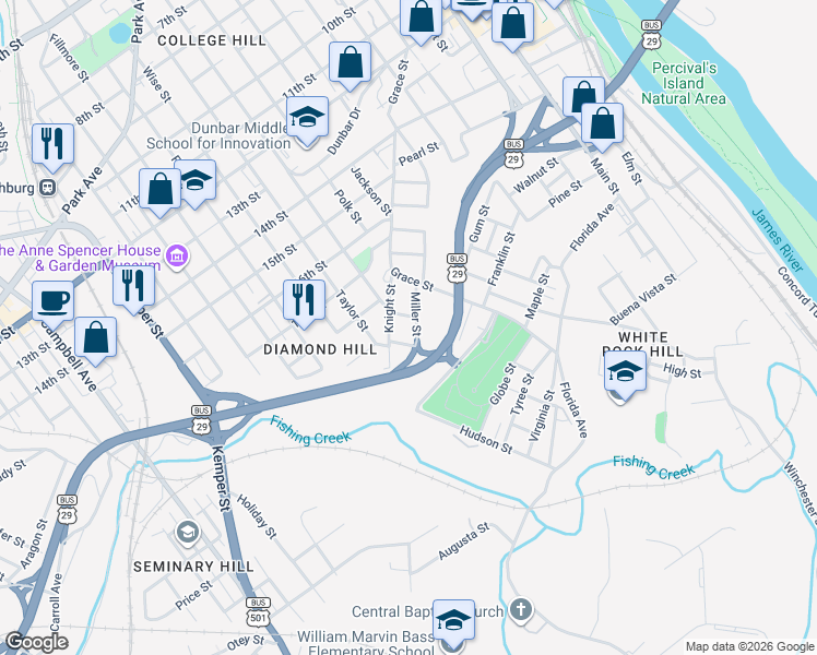 map of restaurants, bars, coffee shops, grocery stores, and more near 1914-1998 Giles St in Lynchburg