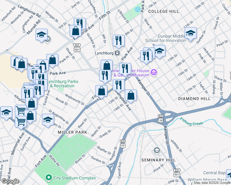 map of restaurants, bars, coffee shops, grocery stores, and more near 2009 12th St in Lynchburg