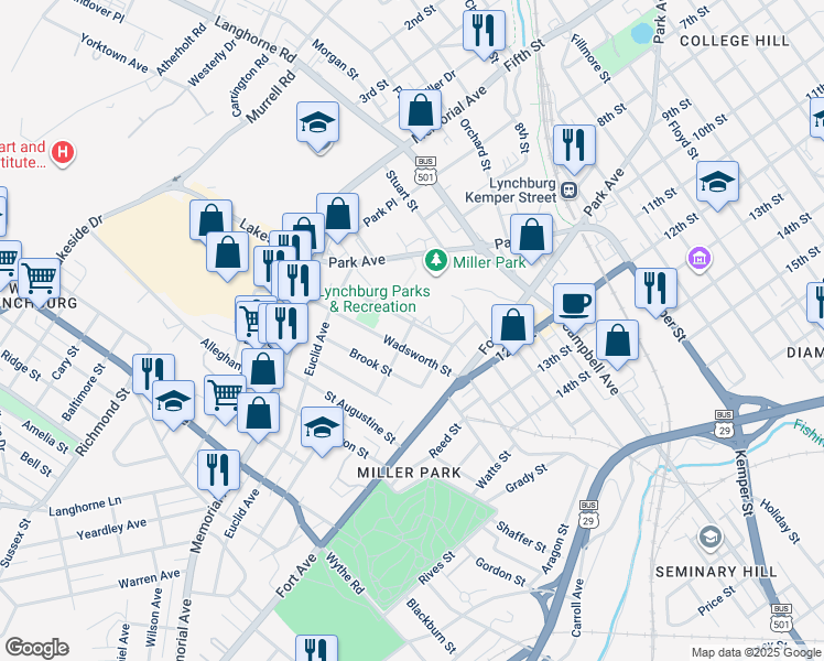 map of restaurants, bars, coffee shops, grocery stores, and more near 301 Grove Street in Lynchburg