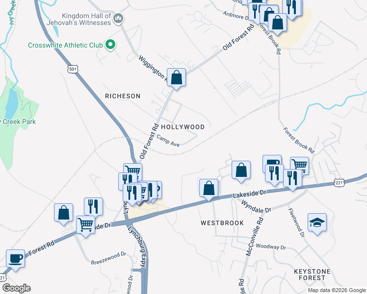 map of restaurants, bars, coffee shops, grocery stores, and more near 123 Camp Avenue in Lynchburg