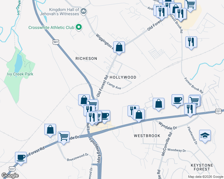 map of restaurants, bars, coffee shops, grocery stores, and more near 102 Camp Avenue in Lynchburg