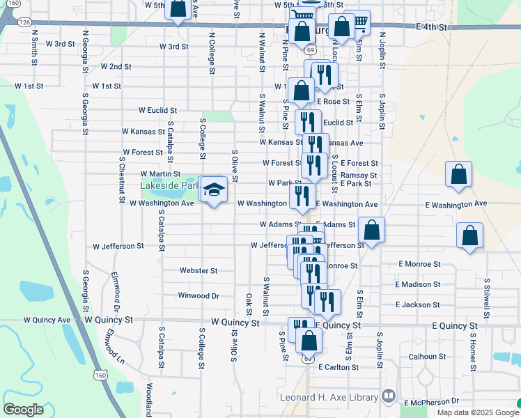 map of restaurants, bars, coffee shops, grocery stores, and more near 212 West Washington Street in Pittsburg