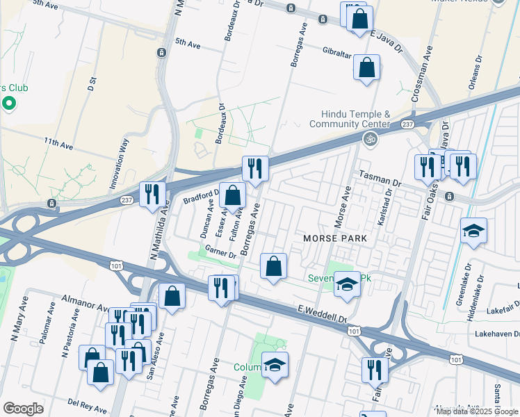 map of restaurants, bars, coffee shops, grocery stores, and more near 1050 Borregas Avenue in Sunnyvale