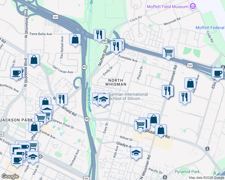 map of restaurants, bars, coffee shops, grocery stores, and more near 511 Walker Drive in Mountain View