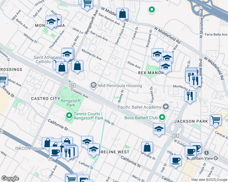 map of restaurants, bars, coffee shops, grocery stores, and more near 246 Farley Street in Mountain View