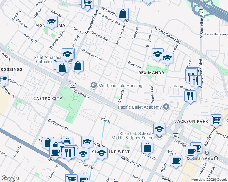 map of restaurants, bars, coffee shops, grocery stores, and more near 246 Farley Street in Mountain View
