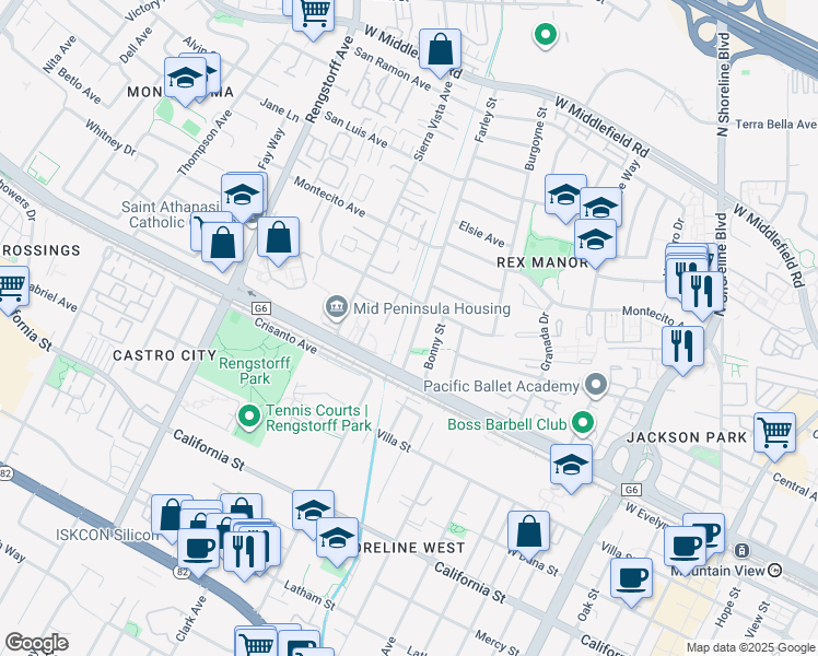 map of restaurants, bars, coffee shops, grocery stores, and more near 246 Farley Street in Mountain View