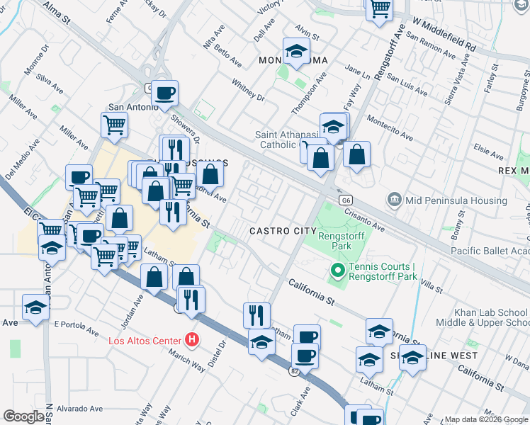map of restaurants, bars, coffee shops, grocery stores, and more near 179 Ortega Avenue in Mountain View