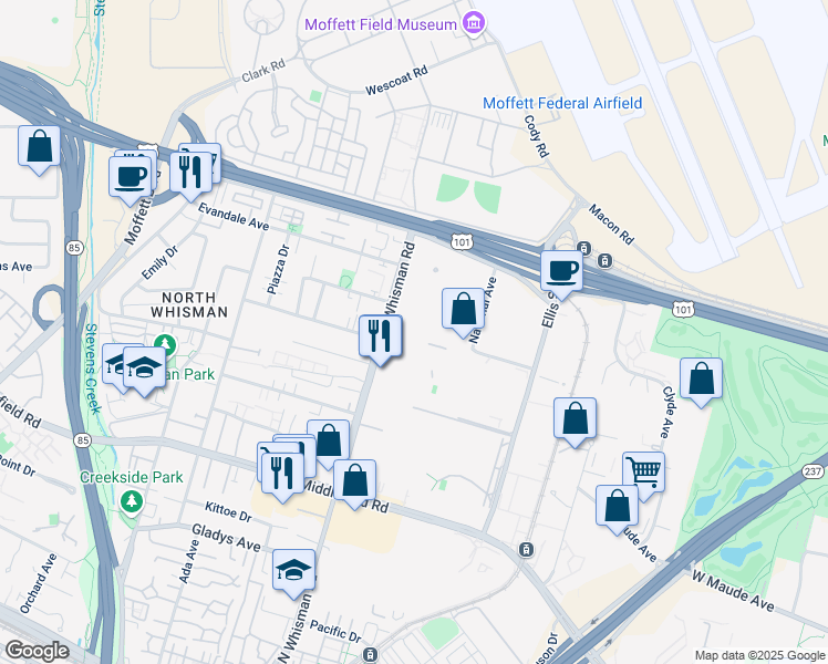map of restaurants, bars, coffee shops, grocery stores, and more near 515 North Whisman Road in Mountain View