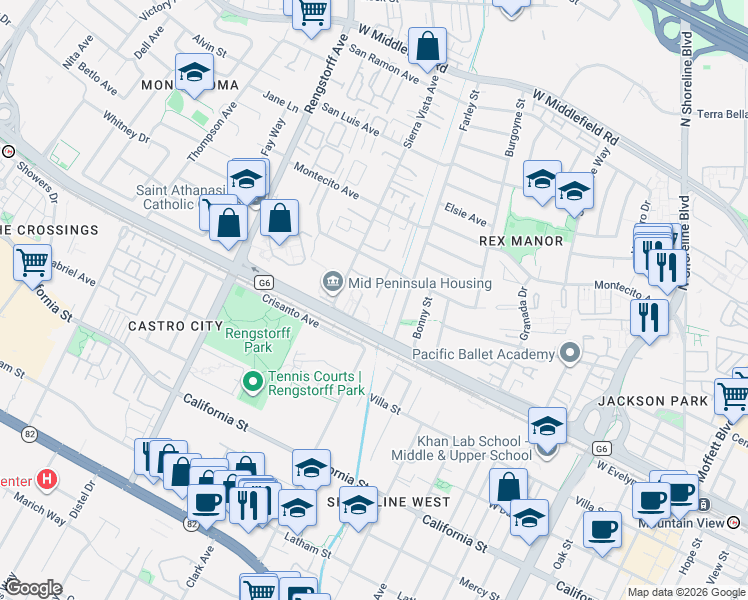 map of restaurants, bars, coffee shops, grocery stores, and more near 1909 Hackett Avenue in Mountain View