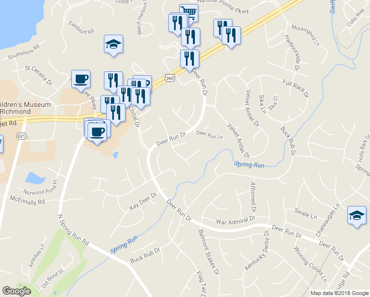map of restaurants, bars, coffee shops, grocery stores, and more near 13905 Deer Thicket Court in Midlothian
