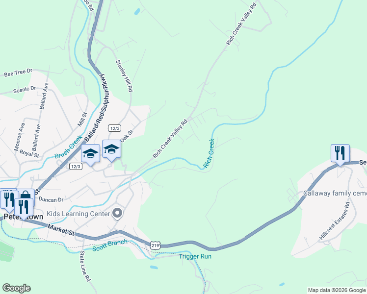 map of restaurants, bars, coffee shops, grocery stores, and more near 652 Rich Creek Valley Road in Peterstown