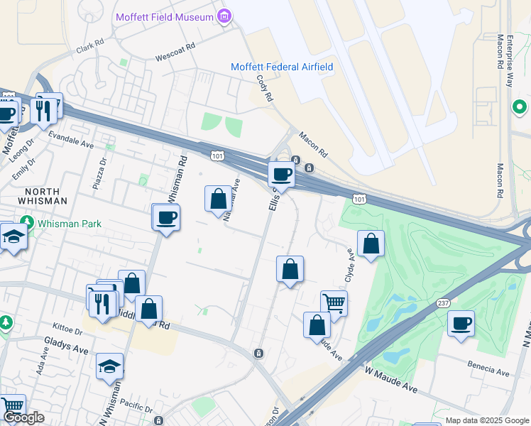 map of restaurants, bars, coffee shops, grocery stores, and more near 550 Ellis St in Mountain View