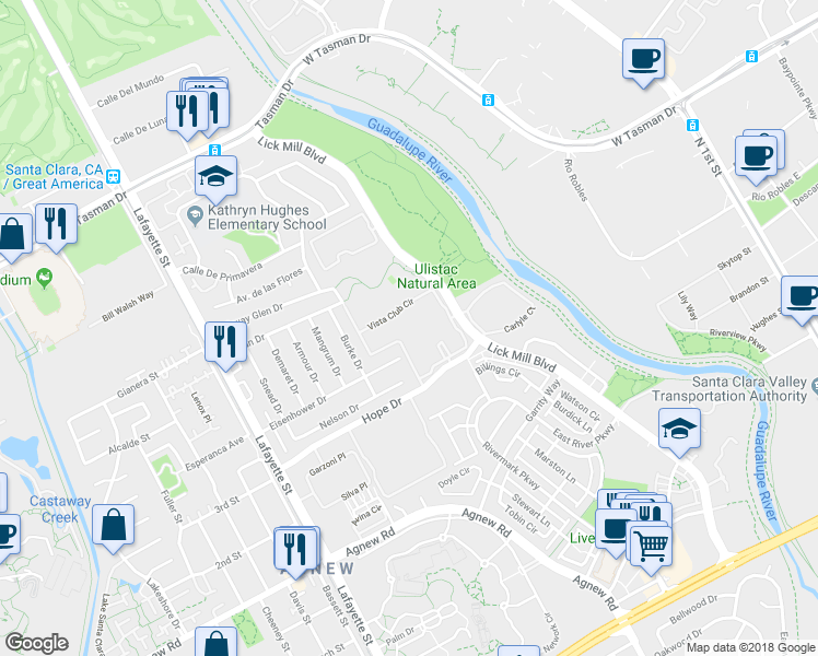 map of restaurants, bars, coffee shops, grocery stores, and more near 1500 Vista Club Circle in Santa Clara