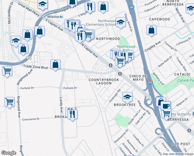 map of restaurants, bars, coffee shops, grocery stores, and more near 2398 Trade Zone Boulevard in San Jose