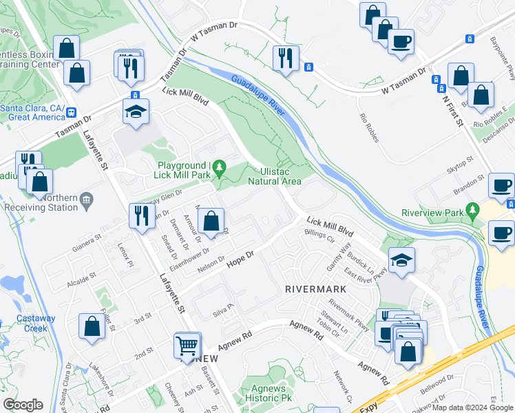 map of restaurants, bars, coffee shops, grocery stores, and more near 1550 Vista Club Circle in Santa Clara