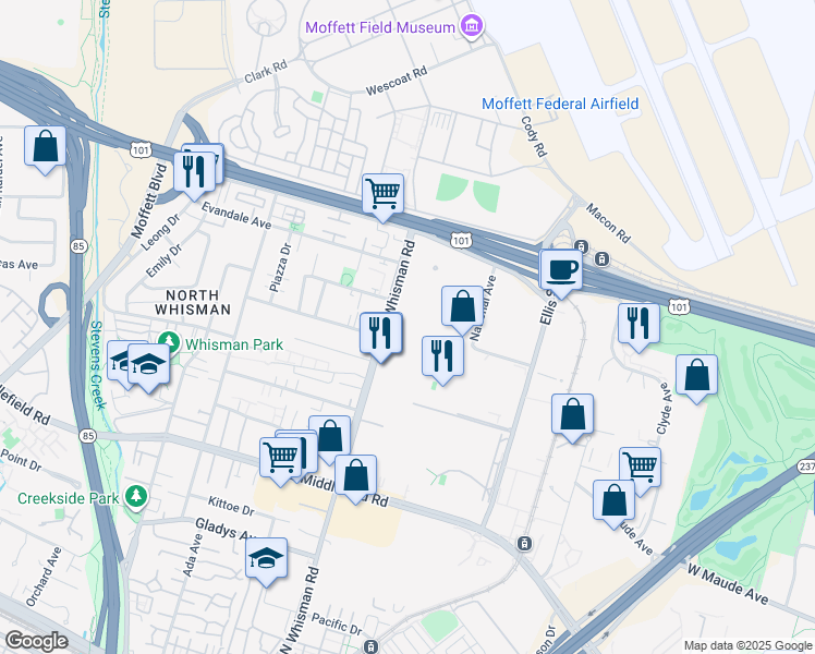 map of restaurants, bars, coffee shops, grocery stores, and more near 515 North Whisman Road in Mountain View