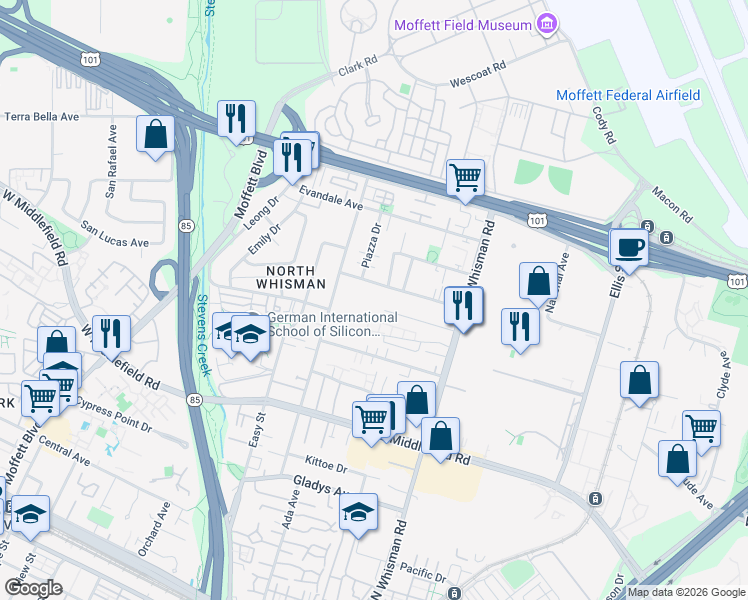 map of restaurants, bars, coffee shops, grocery stores, and more near 103 Murlagan Avenue in Mountain View