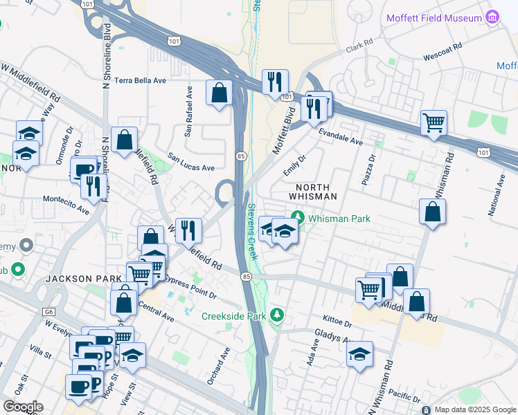 map of restaurants, bars, coffee shops, grocery stores, and more near 650 Alamo Court in Mountain View
