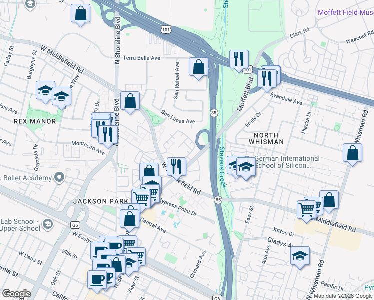 map of restaurants, bars, coffee shops, grocery stores, and more near 927 Mariner Drive in Mountain View
