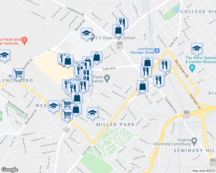 map of restaurants, bars, coffee shops, grocery stores, and more near 307 Grove Street in Lynchburg