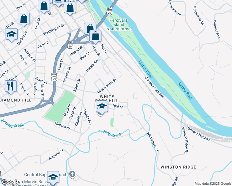 map of restaurants, bars, coffee shops, grocery stores, and more near in Lynchburg