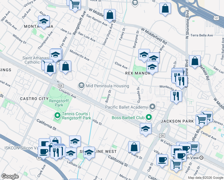 map of restaurants, bars, coffee shops, grocery stores, and more near 295 Farley Street in Mountain View