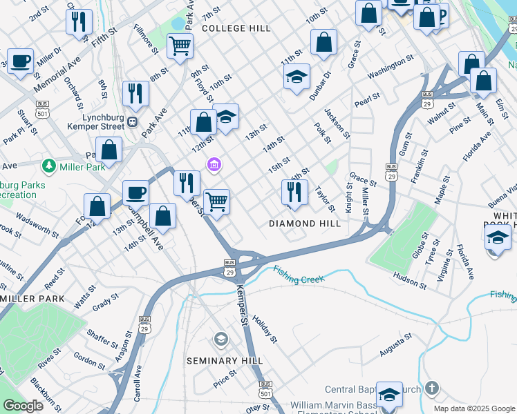 map of restaurants, bars, coffee shops, grocery stores, and more near 1601 Fillmore Street in Lynchburg