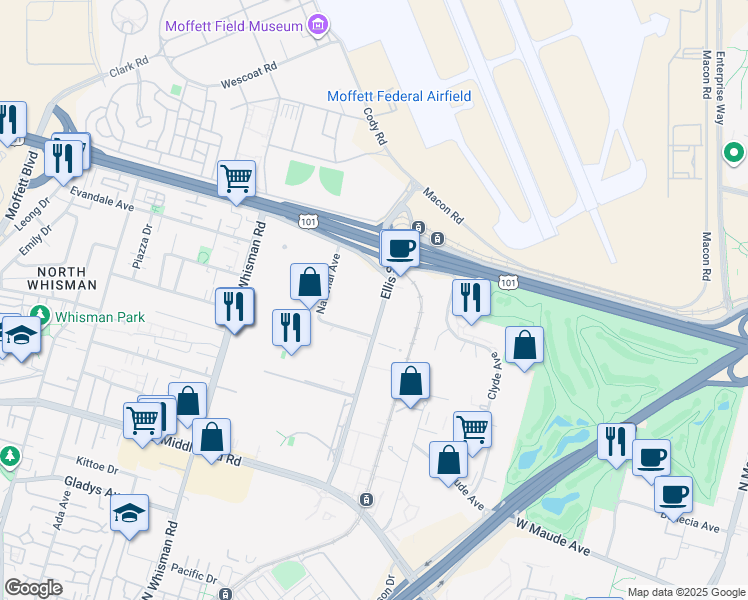 map of restaurants, bars, coffee shops, grocery stores, and more near 550 Ellis Street in Mountain View